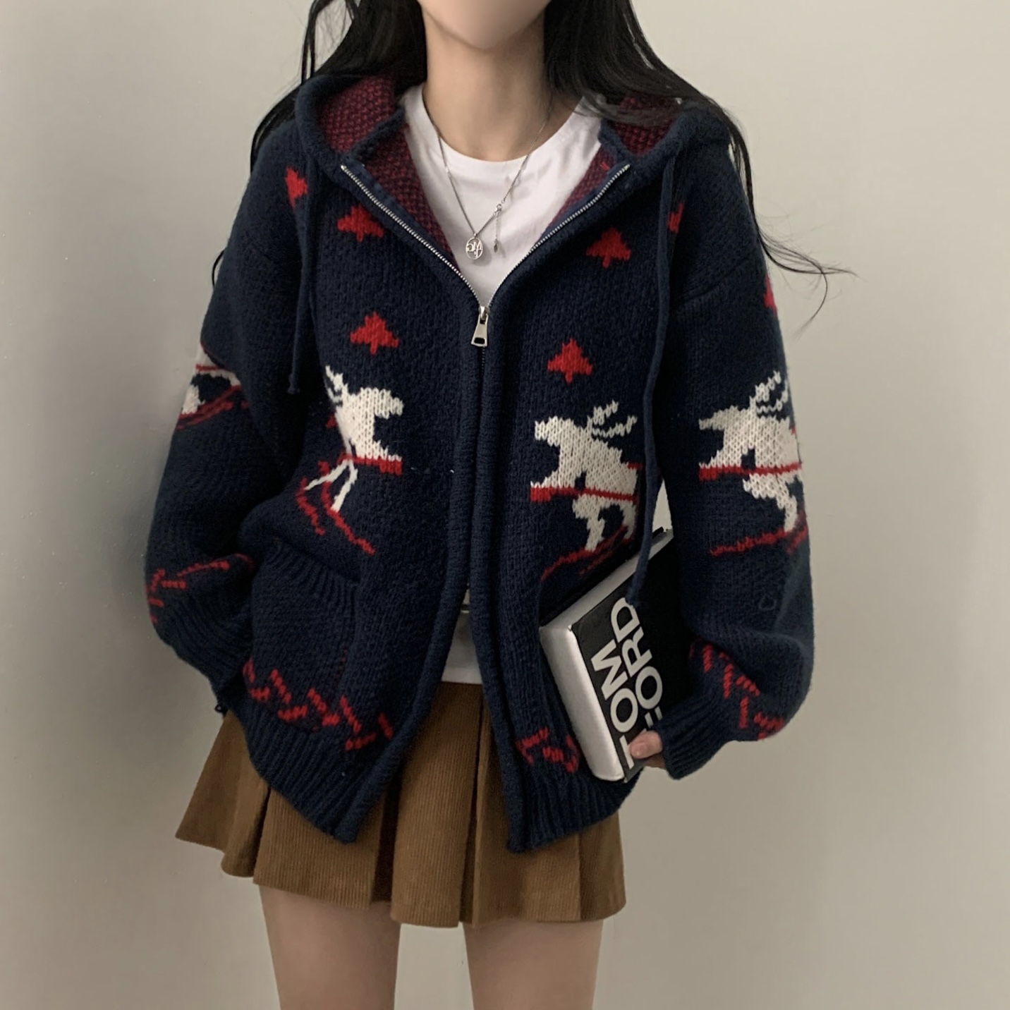 INS Korea Dongdaemun!  Designed lazy jacquard hooded long-sleeved sweater coat women's autumn and winter thickened sweater