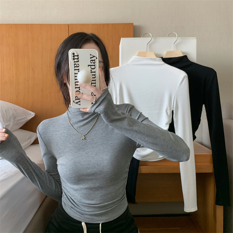 坑條 半高領打底衫女修身T恤秋季韓版內搭長袖短款