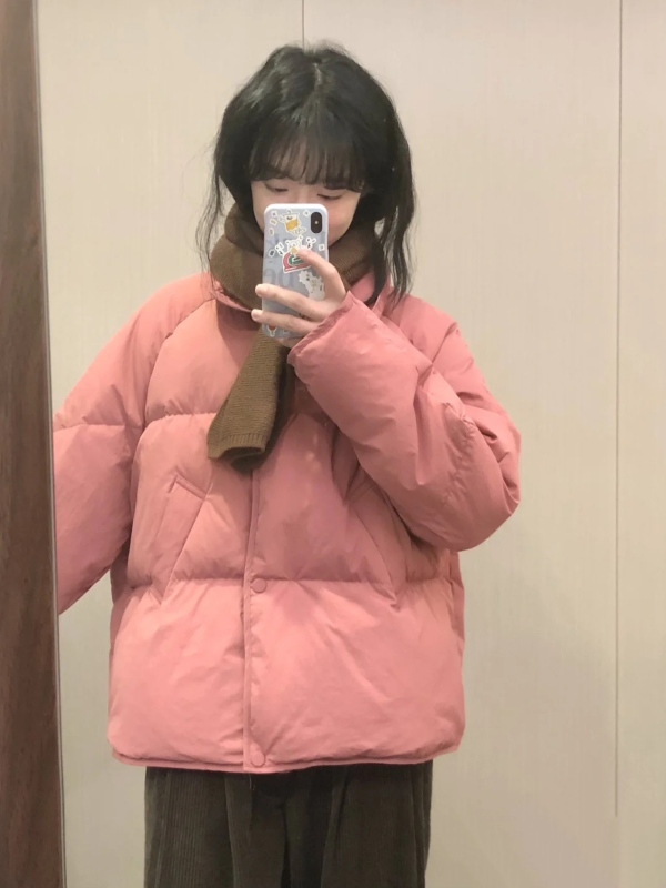 冬季新款立領羽絨棉服韓版簡約麵包服外套棕色闊腿褲兩件套裝女