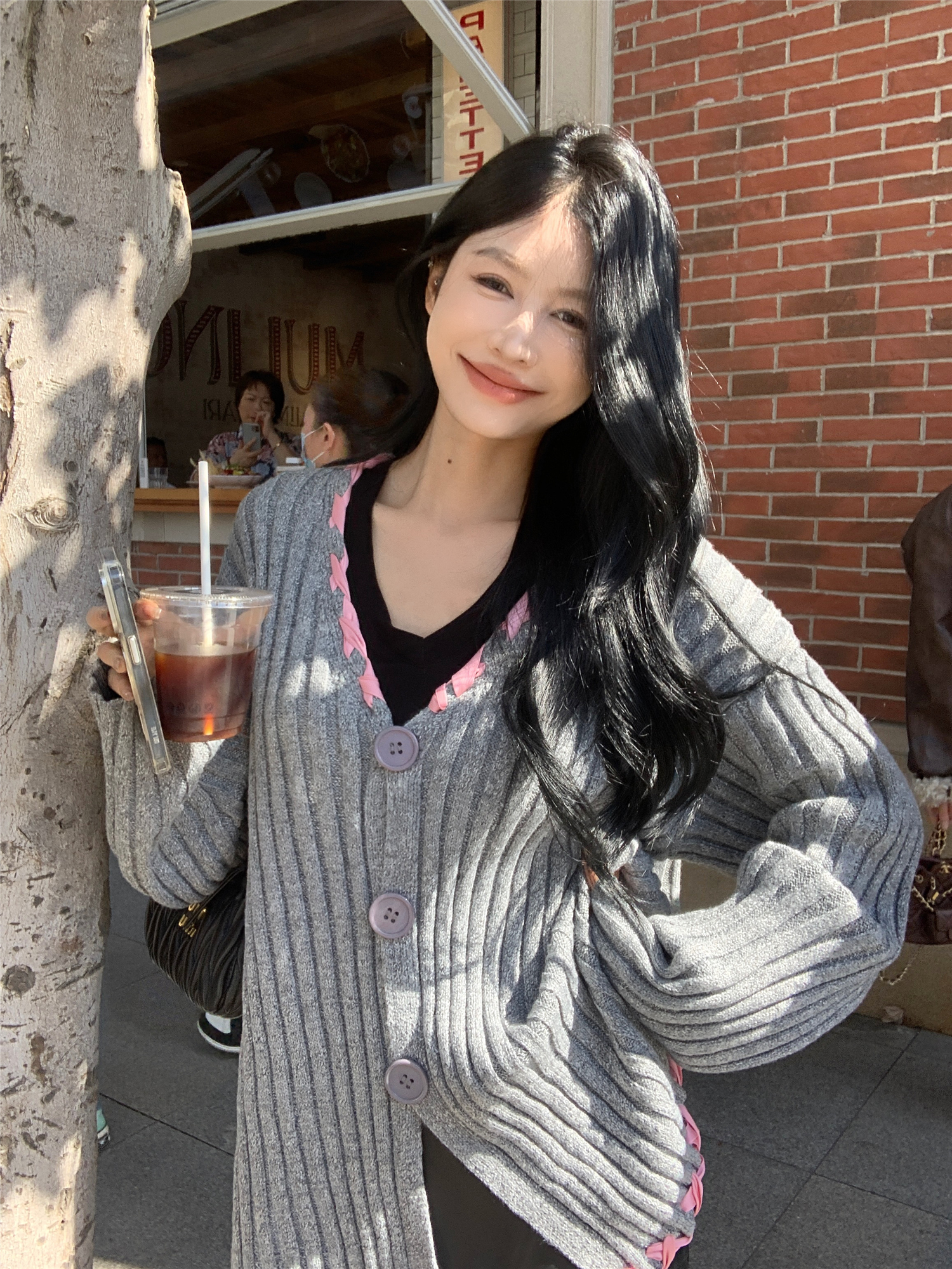 Real shot ~ Ribbon braided lazy style sweater cardigan for women 2023 autumn and winter new style mid-length knitted top