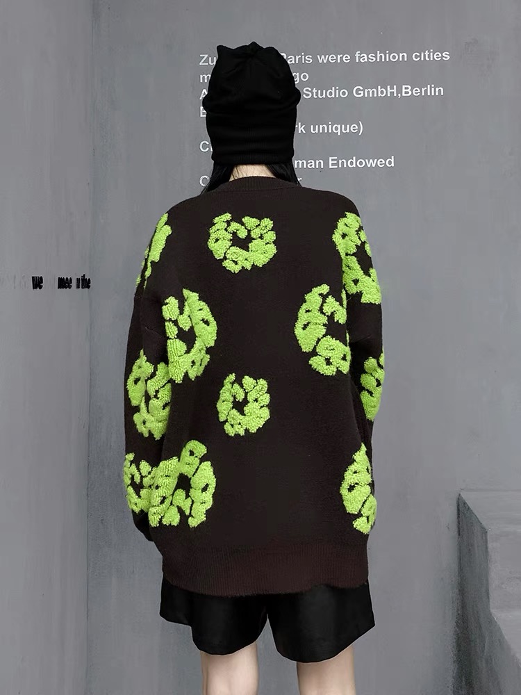 立體提花刺繡撞色毛衣女2023秋冬新款慵懶風韓版寬鬆軟糯套頭上衣