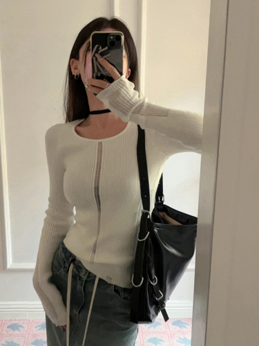 Real shot of hollow long-sleeved sweater for women in autumn solid color round neck versatile slimming bottoming shirt top