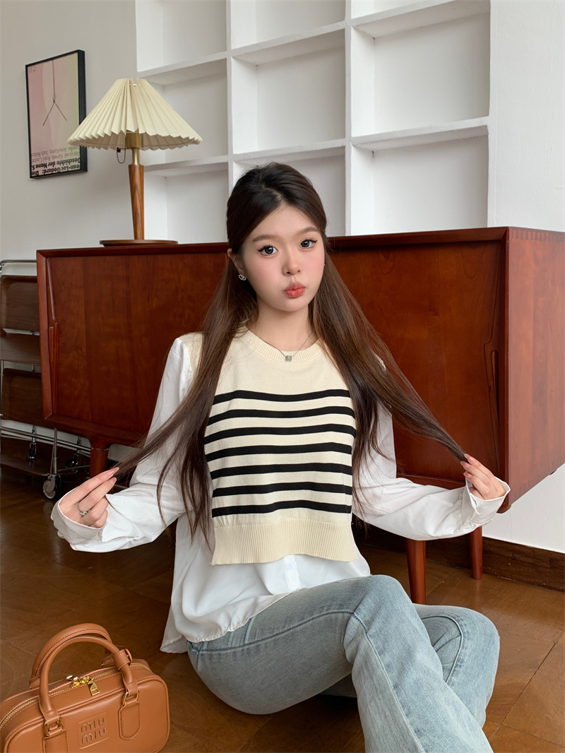 實拍 冬季新款韓版寬鬆襯衫針織條紋馬甲拼接假兩件上衣女