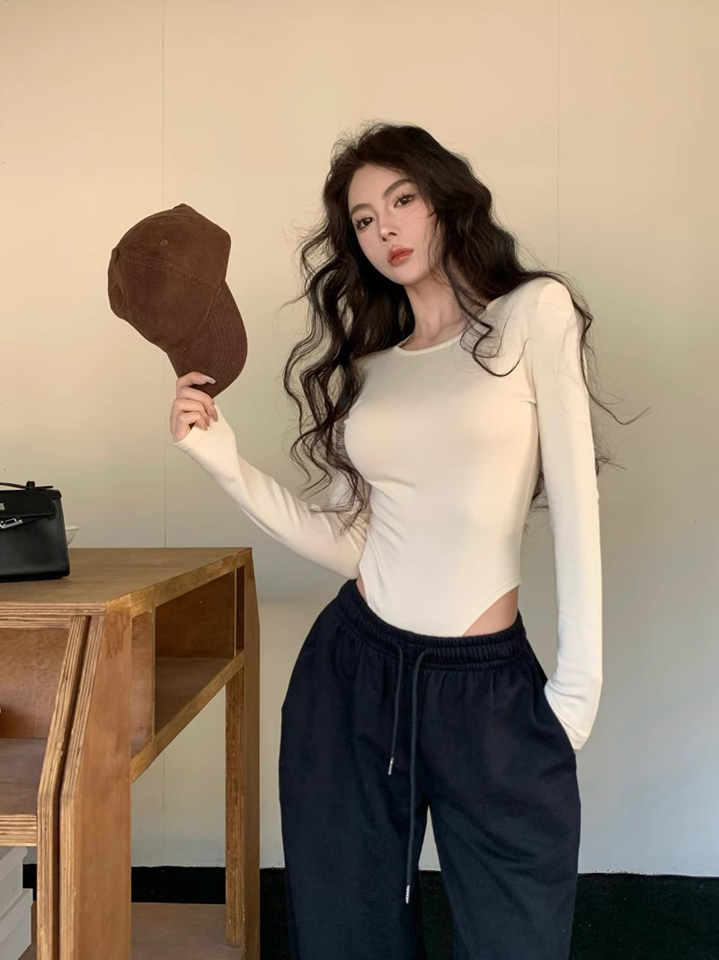 人棉抓毛有薄絨 修身磨毛圓領長袖內搭t恤女裝冬季打底連體上衣