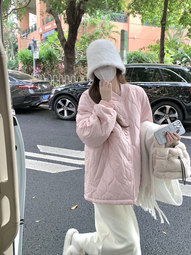 實拍  秋冬韓系粉色加厚寬鬆保暖棉衣外套