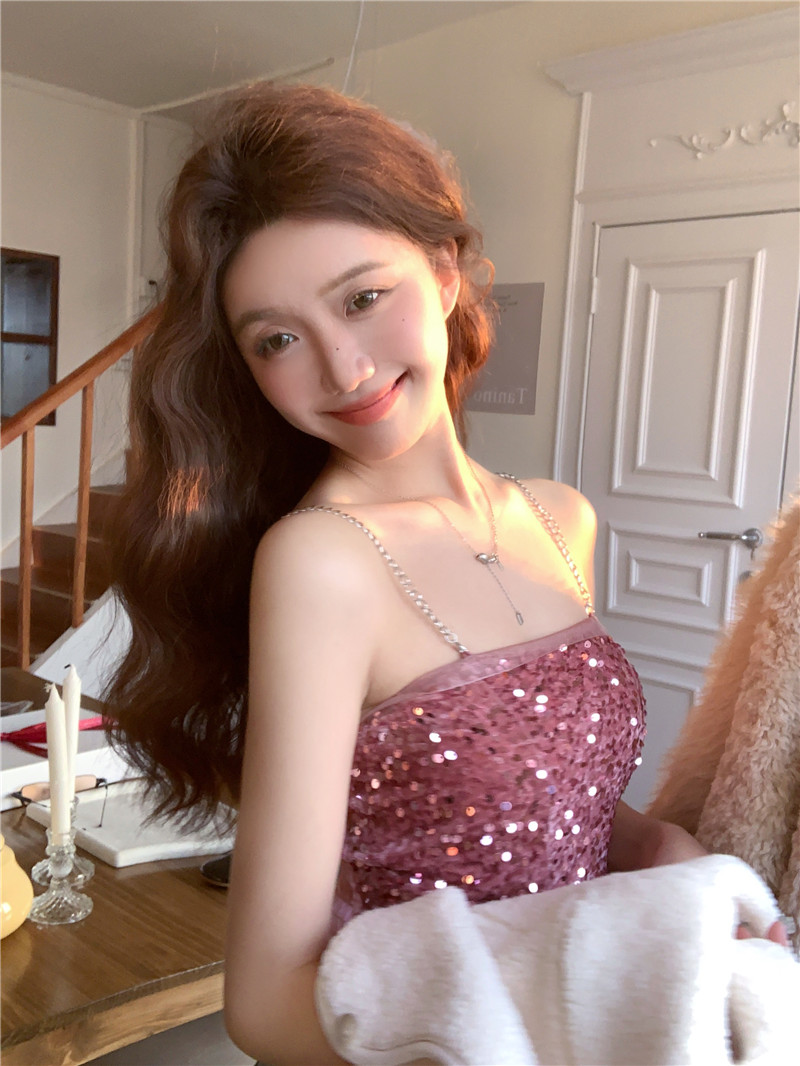 Actual shot ~ 2024 new pure lust hottie sequined camisole internet celebrity sexy sleeveless bottoming top