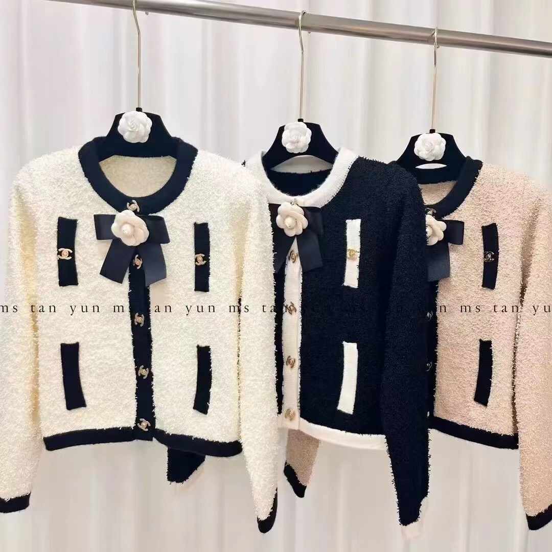 Spring new style gentle little fragrance sweet bow contrasting color knitted cardigan round short sweater jacket for women
