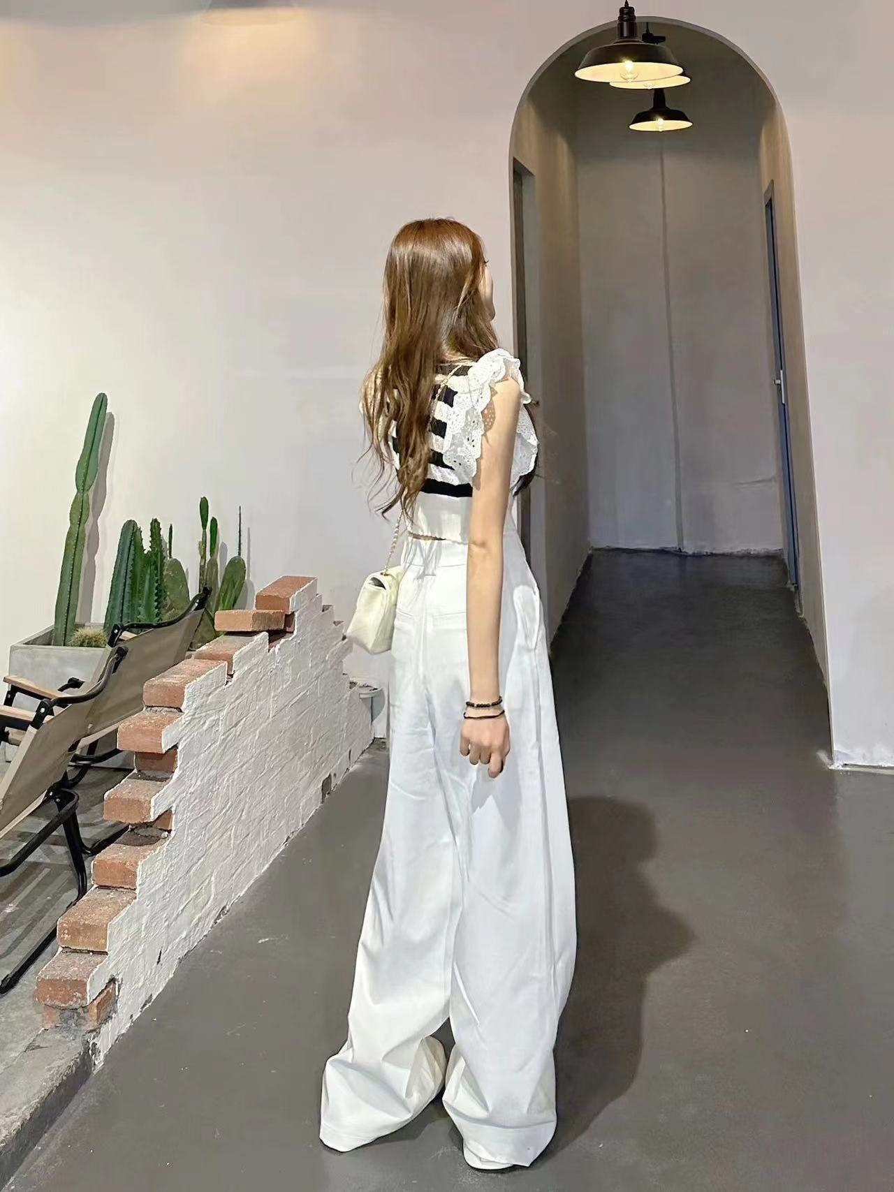 妒紗法式條紋鏤空針織衫女夏季設計感甜美減齡飛飛袖拼接短款上衣