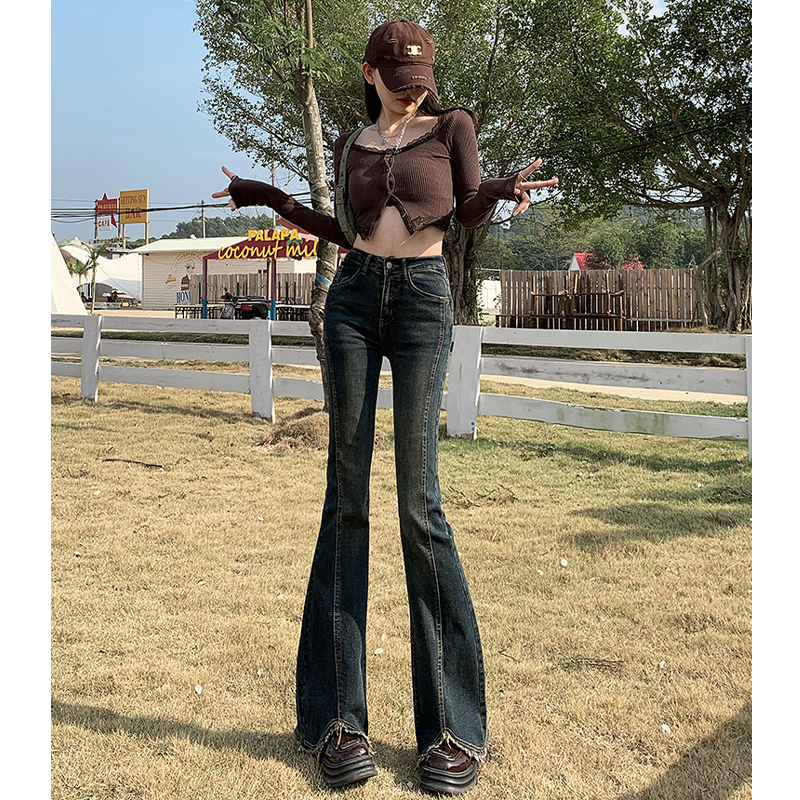 實拍 微喇牛仔褲女2023年春季新款高腰修身顯瘦馬蹄褲毛邊拖地褲