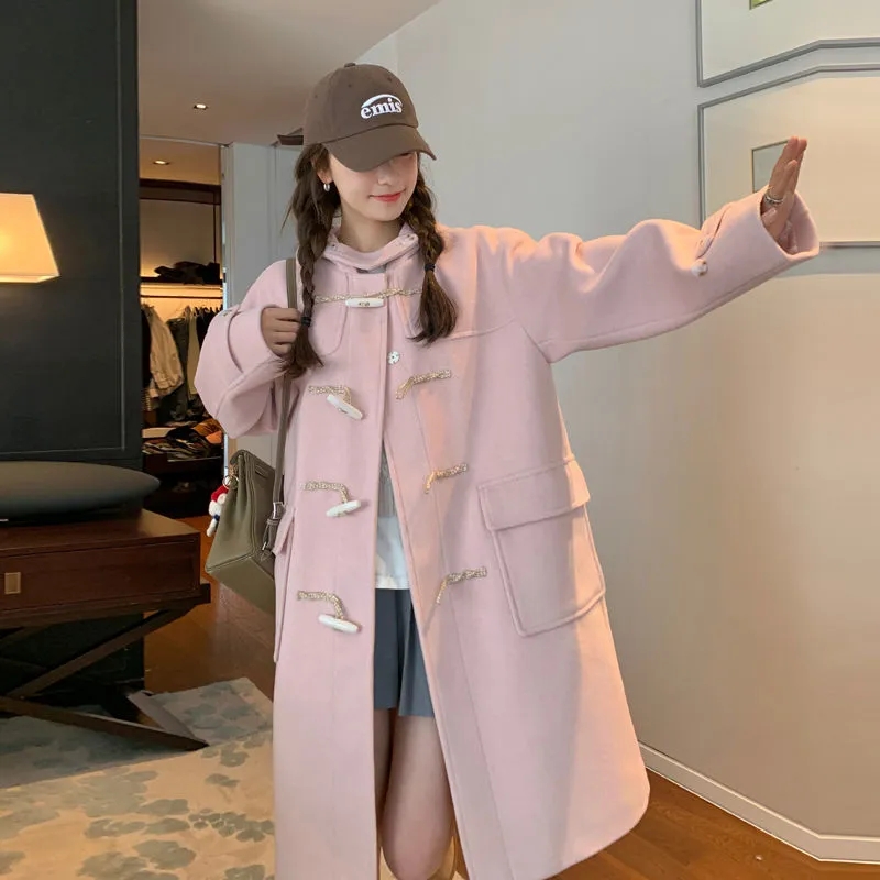 粉色牛角扣呢子大衣女2023秋冬新款韓系學院風加厚中長款毛呢外套