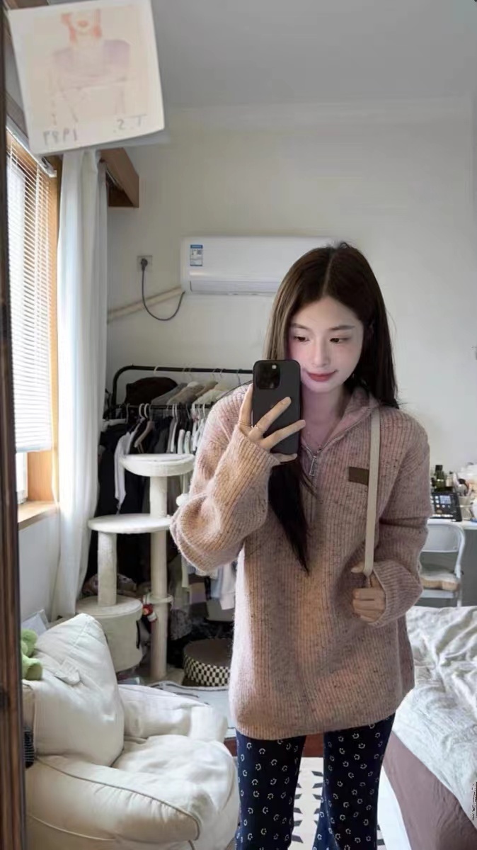 BUWAN STUDIO  小眾設計純欲粉色連帽針織毛衣半拉鏈休閒寬鬆上衣