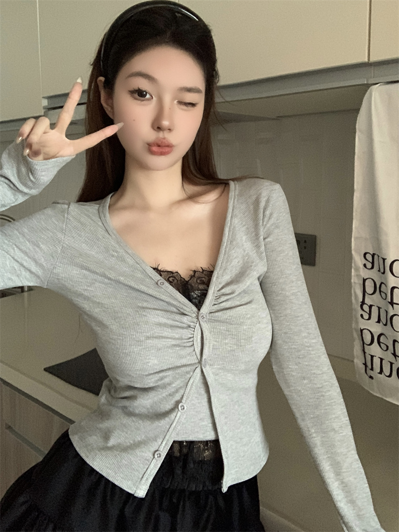 實拍  純欲背心吊帶女設計蕾絲拼色辣妹內搭長袖外衫兩件套