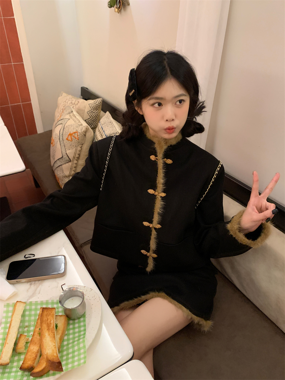 實拍千金新中式盤扣撞色國風套裝毛呢夾棉短外套半身裙兩件套