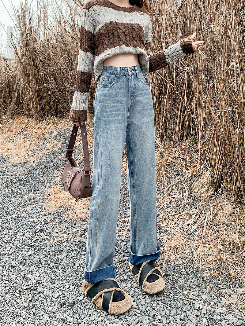 Actual shot ~ New retro straight-leg pants for women, cuffed jeans, high-waisted, slimming, wide-leg pants
