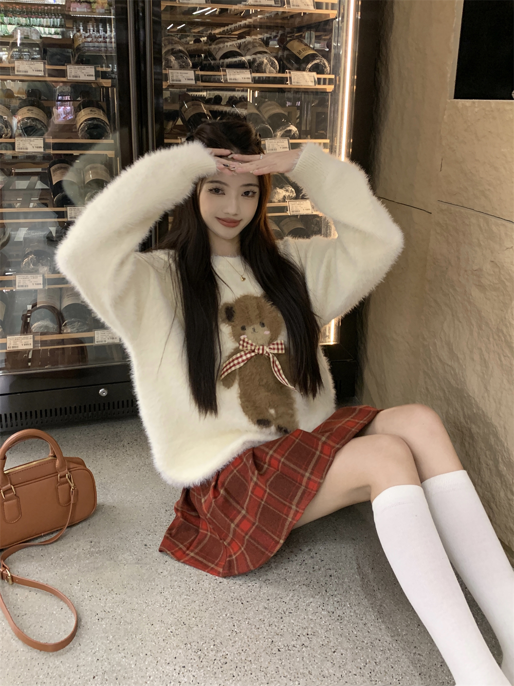 實拍~ 韓系可愛蝴蝶結小熊提花圓領套頭顯瘦寬鬆長袖針織毛衣