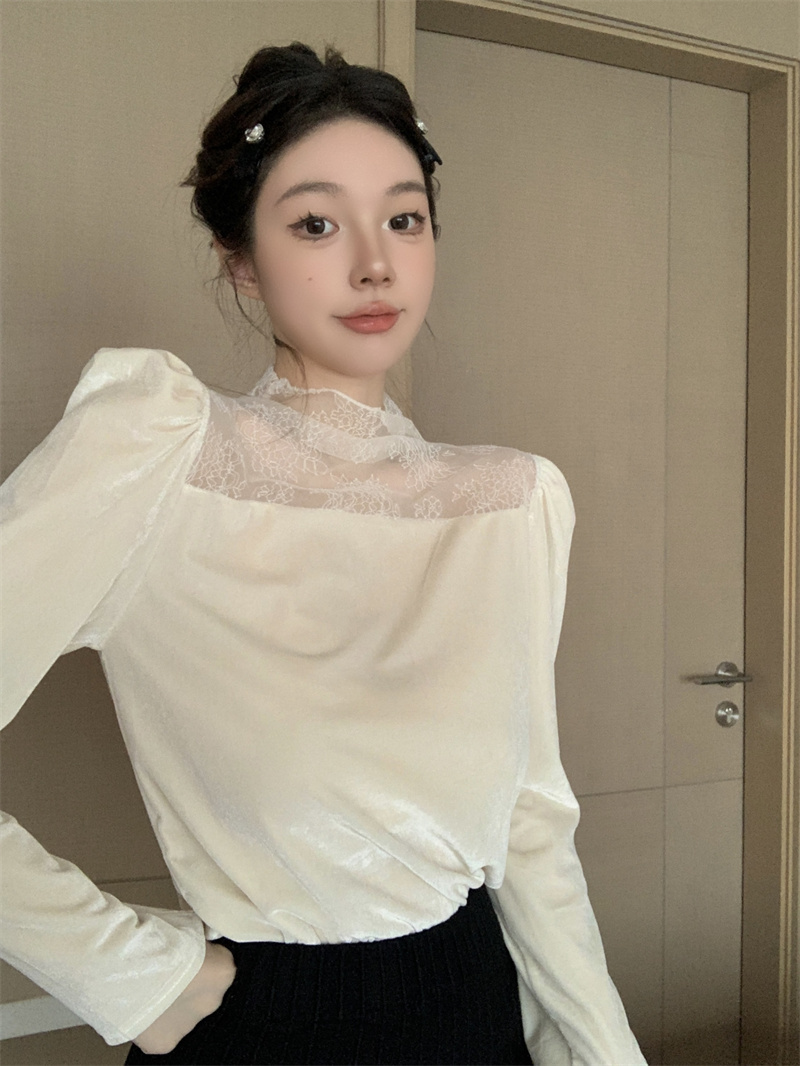 實拍 網紗半高領絲絨長袖t恤女裝秋冬修身法式套頭內搭上衣