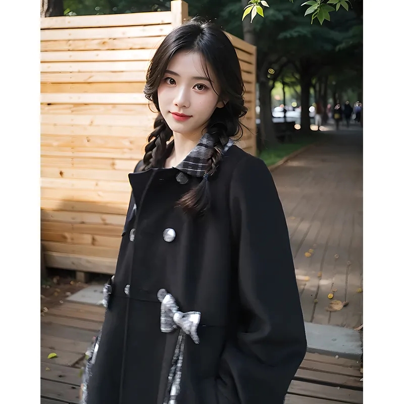 黑色外套娃娃領格紋秋冬季蝴蝶結少女寬鬆2023年過膝長款毛呢大衣