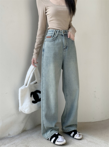 Actual shot ~ American retro velvet thickened jeans for women, high-waisted slimming straight wide-leg floor-length trousers