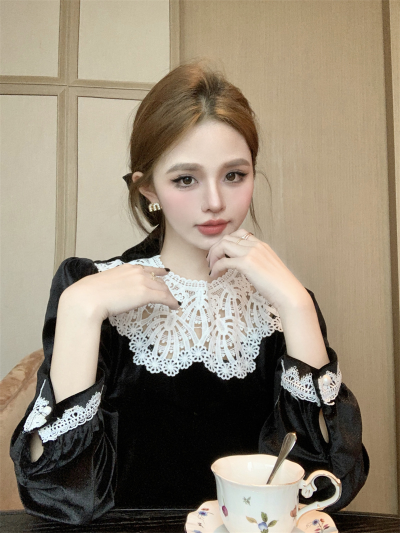 高級感法式蕾絲拼接絲絨襯衫女秋冬洋氣內搭上衣女實拍