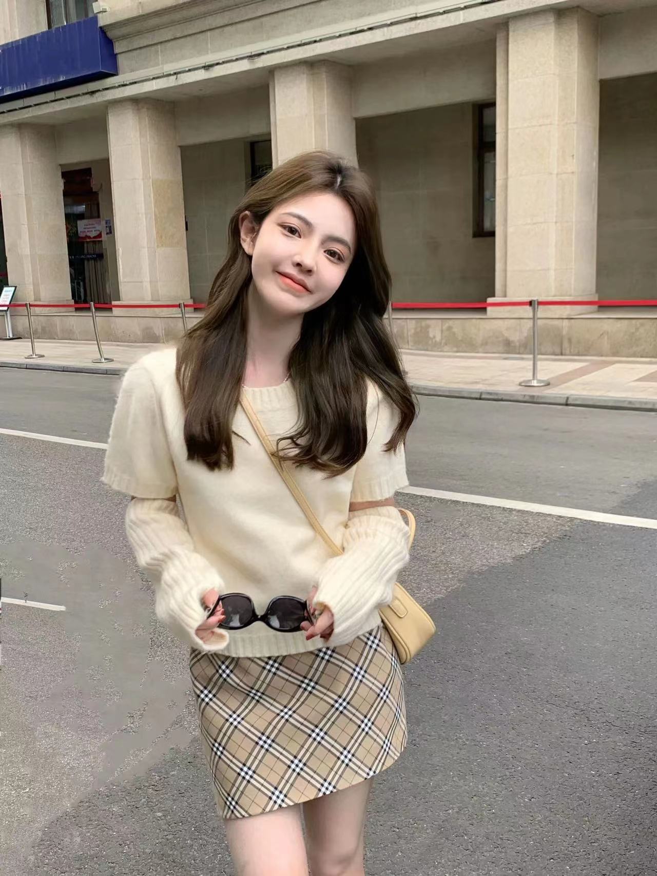 可拆卸斷截半袖毛衣女設計感小眾袖子分離針織打底衫短款上衣秋冬