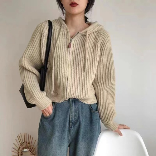 Hooded short knitted cardigan top autumn clothing for women 2023 new Korean sweater jacket for women loose and lazy style