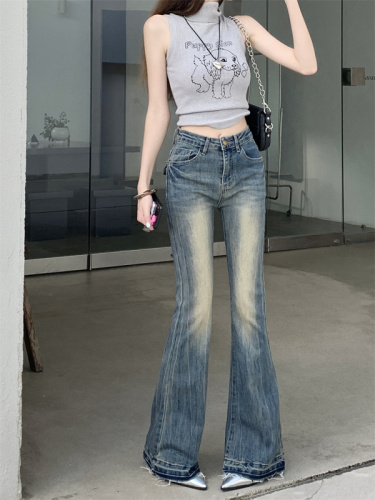 Actual shot of new high-waisted stretch embroidered micro-flare slim-fitting raw edge long jeans for women