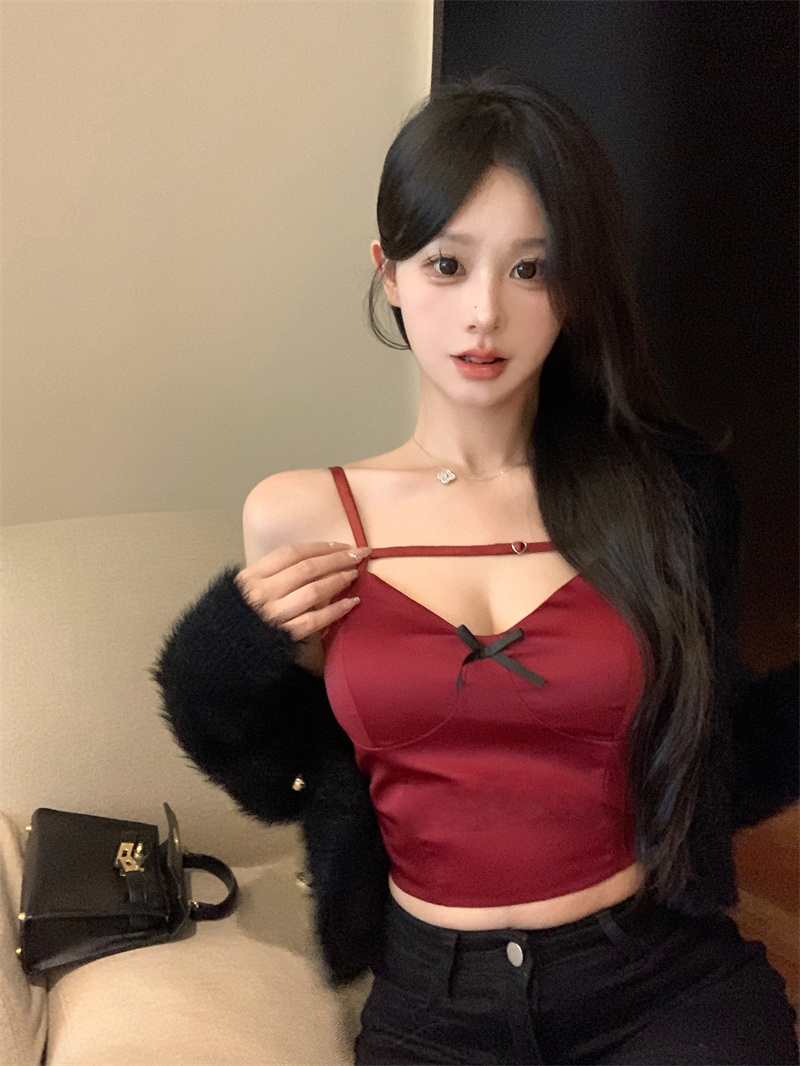 實拍 酒紅色吊帶氛圍感新年純欲蝴蝶結氣質內搭