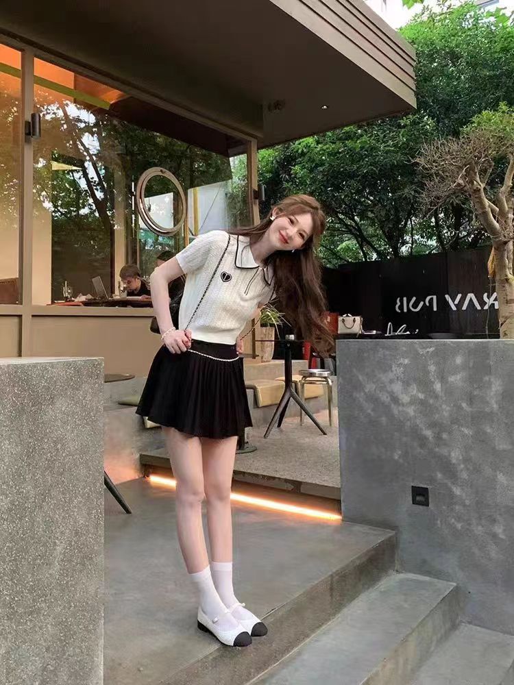 法式甜美溫柔針織衫短袖t恤女夏polo領減齡冰絲收腰拉鏈短款上衣
