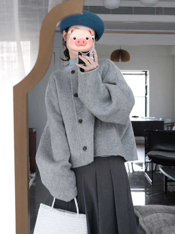 小香風灰色雙面羊絨毛呢外套女秋冬季小個子加厚短款呢子大衣開衫