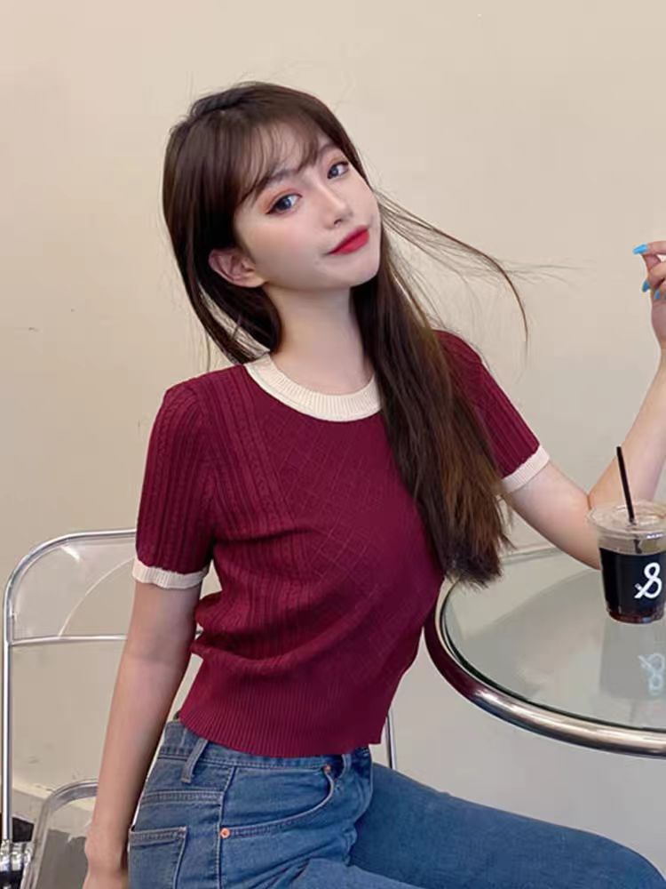 夏季新款韓版時尚拼色圓領短袖t恤女修身氣質顯瘦紫色短款上衣女