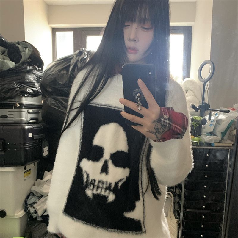 Original mink velvet skull jacquard sweater high street style loose couple knitted sweater high quality