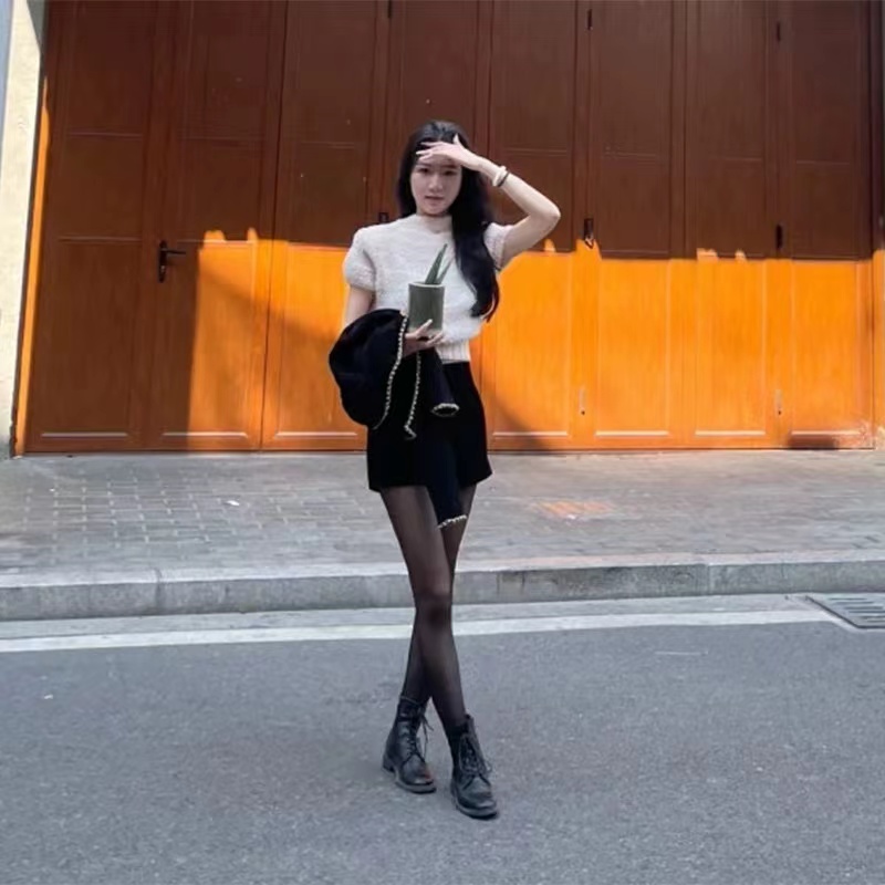 港味復古毛絨泡泡袖毛衣女2023春季新款小眾設計感短袖針織衫上衣