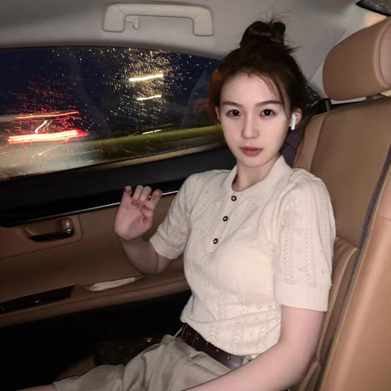 超火復古洋氣氣質短袖百搭polo領修身鏤空短款針織衫T恤上衣女夏