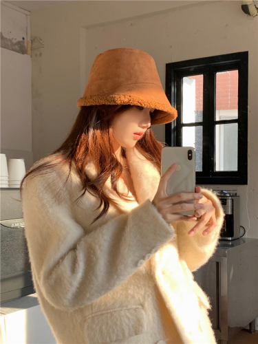 Real shot!  Winter suede fisherman hat for women, versatile casual lamb wool basin hat, warm hat for women