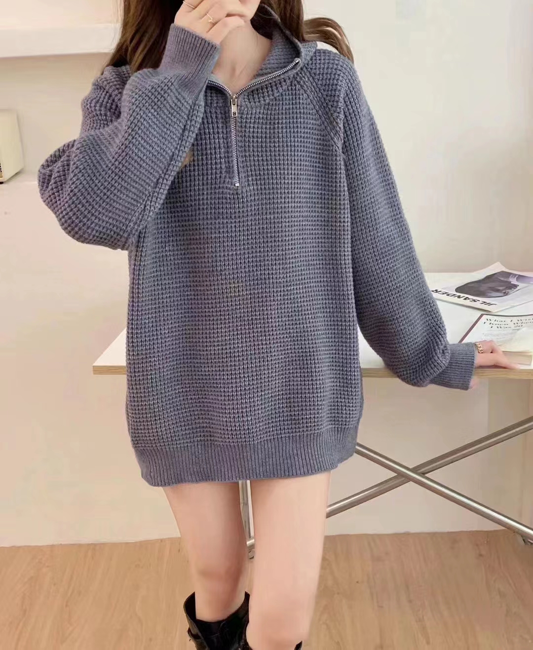 半拉鏈翻領套頭毛衣女2023秋冬新款韓版寬鬆外穿慵懶風針織衫