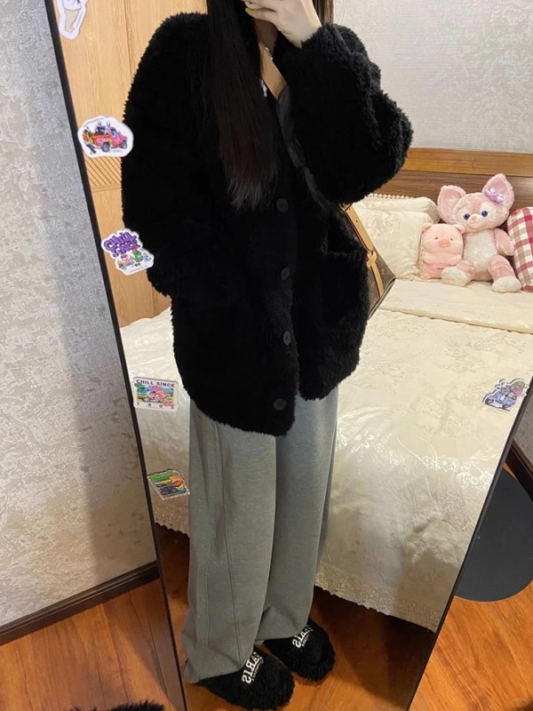 特厚+夾棉 韓系慵懶風仿羊羔毛絨開衫厚外套寬鬆闊腿褲兩件套裝女