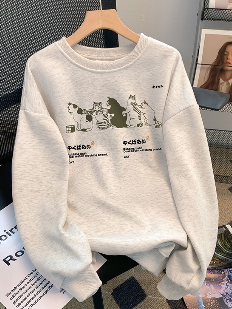 2023 New Chinese Cotton Composite Thin Style 310g/Fleece 410g Autumn and Winter Sweater Women's Printed Loose Large Size