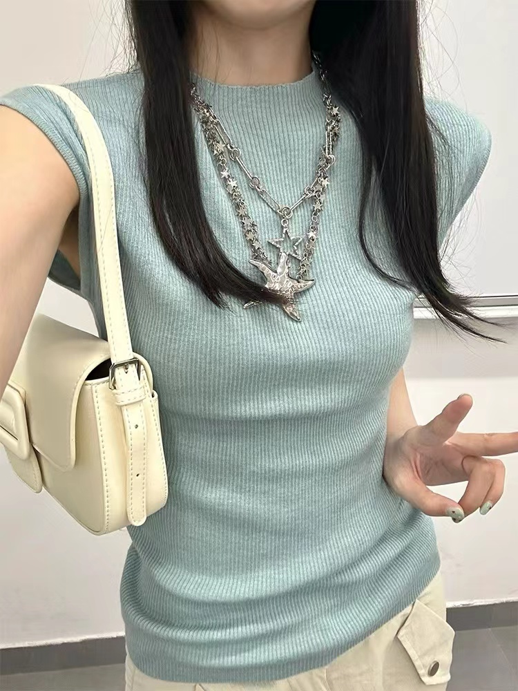 韓版減齡小清新綠色小高領針織背心女夏季修身別致氣質百搭短上衣