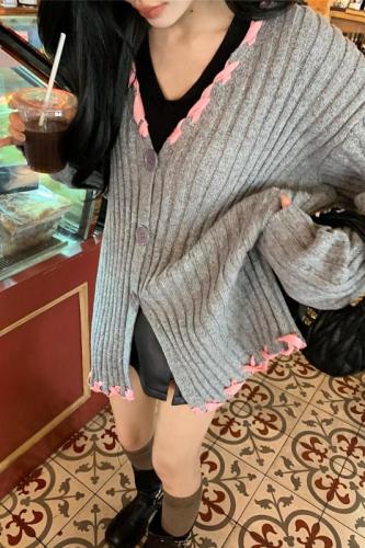 Real shot ~ Ribbon braided lazy style sweater cardigan for women  autumn and winter new style mid-length knitted top