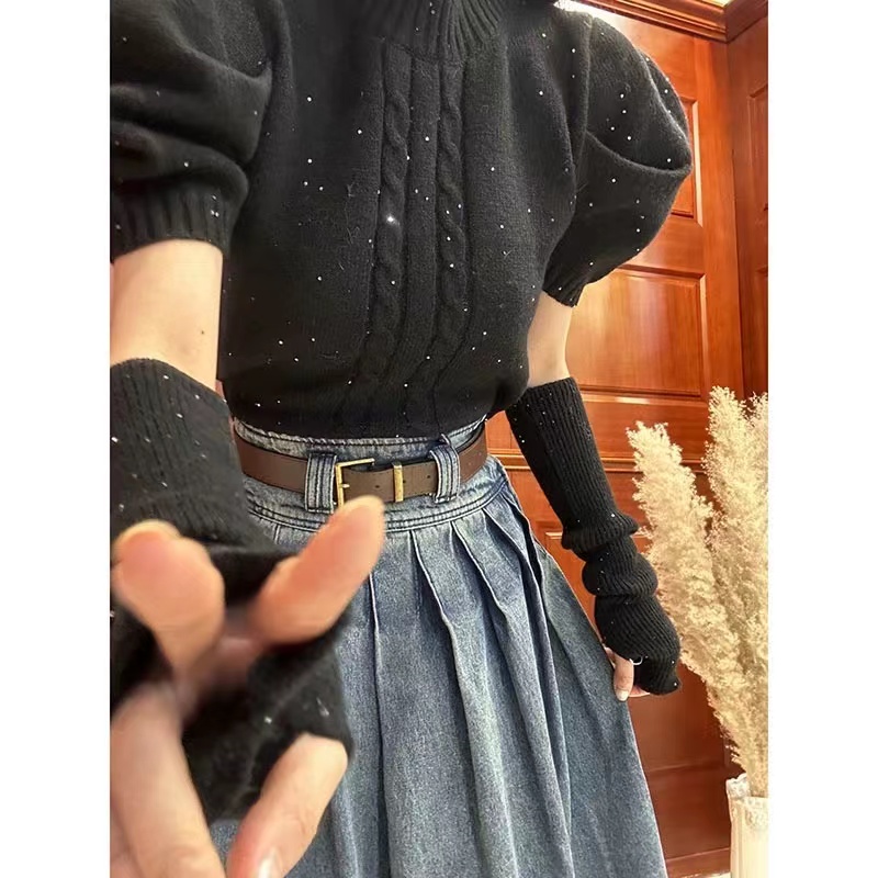 復古泡泡袖圓領毛衣女秋冬季寬鬆亮閃閃設計感小眾短款針織衫上衣