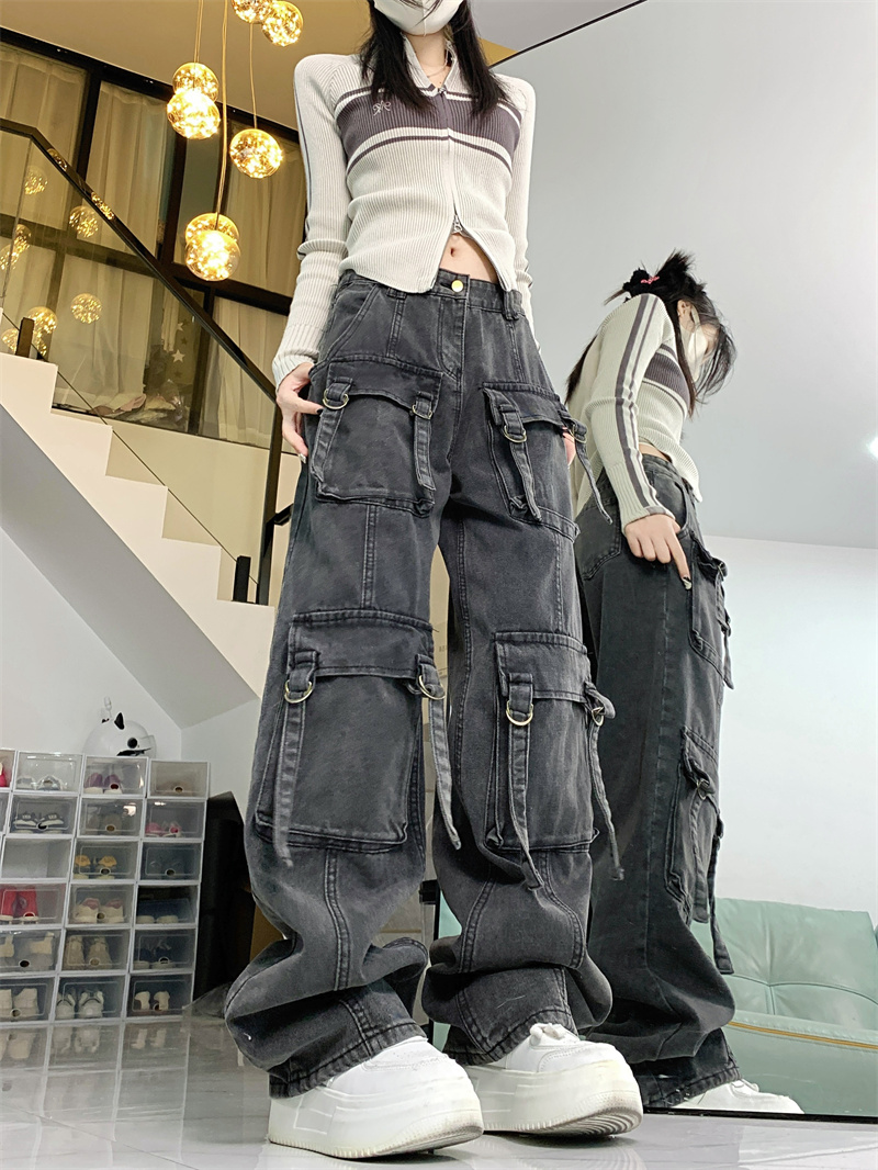 Real shot!  !  Washed distressed jeans for women, dark gray multi-pocket overalls, loose drapey wide-leg pants