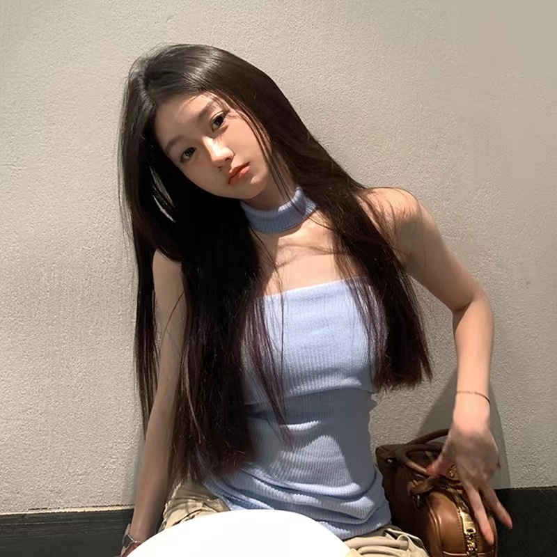 嗲嗲少女藍色無袖掛脖吊帶背心2023秋季新款別致露背修身短款上衣