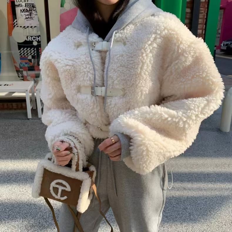 Original Korean Dongdaemun women's autumn and winter new ins casual belt buckle lamb wool short coat