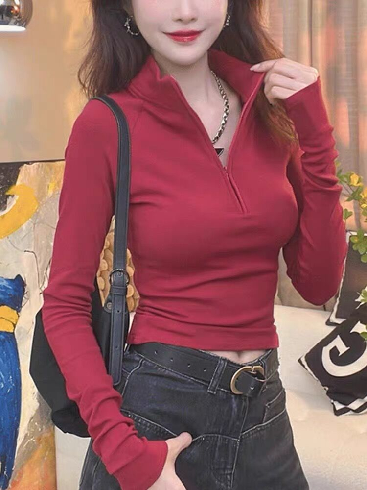 春季新款高領拉鏈長袖T恤女修身顯瘦洋氣打底衫短款上衣