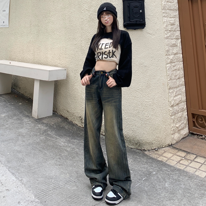 實拍 復古懷舊寬鬆闊腿褲新款垂感直筒牛仔褲女&長褲加長