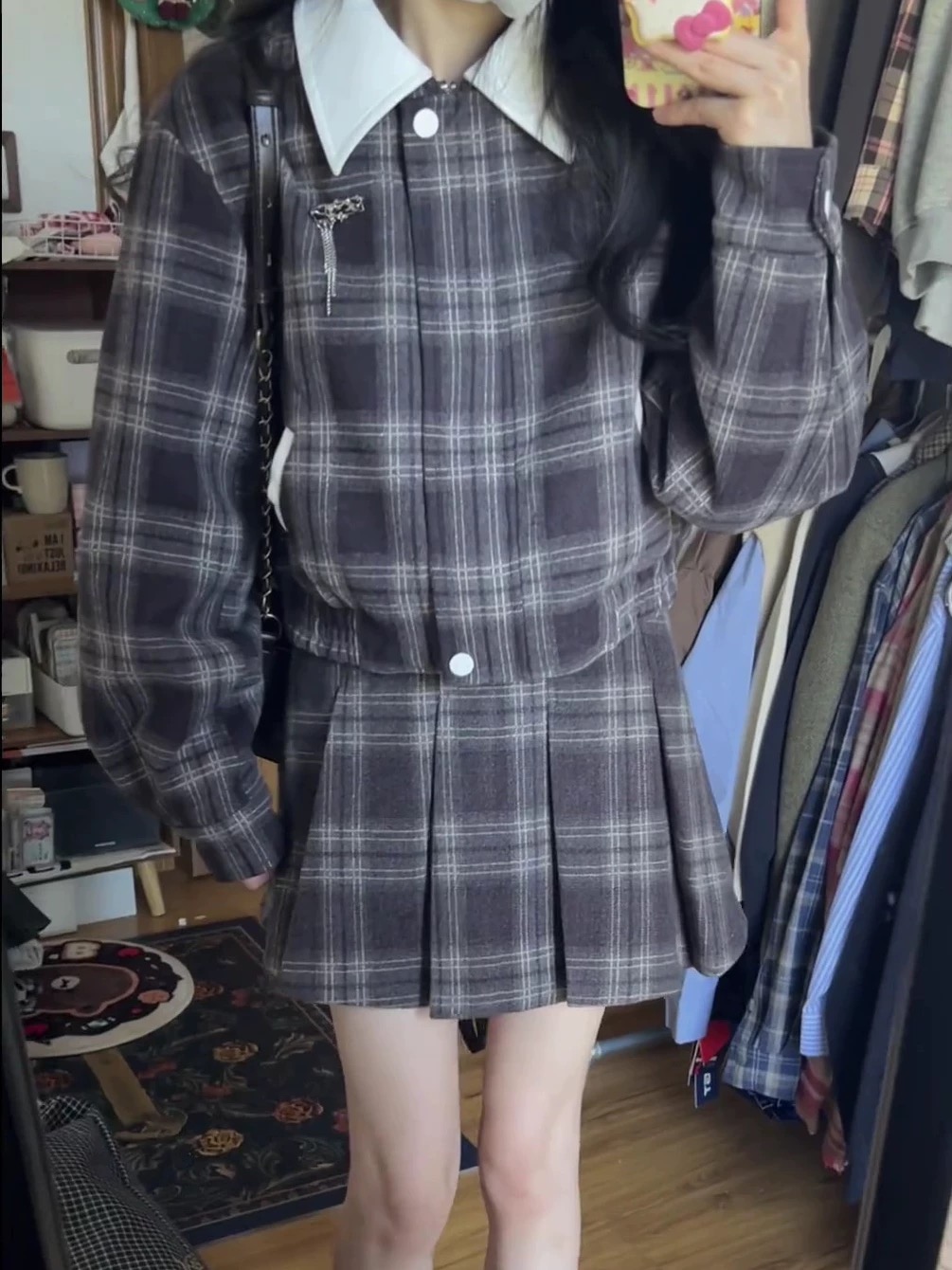 格子百褶裙套裝女秋冬新款美式復古學院風日常通勤半身裙上衣外套