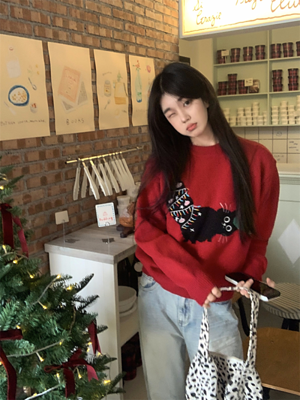 聖誕穿搭可愛卡通貓咪提花紅色圓領毛衣女冬季寬鬆針織衫黑色上衣