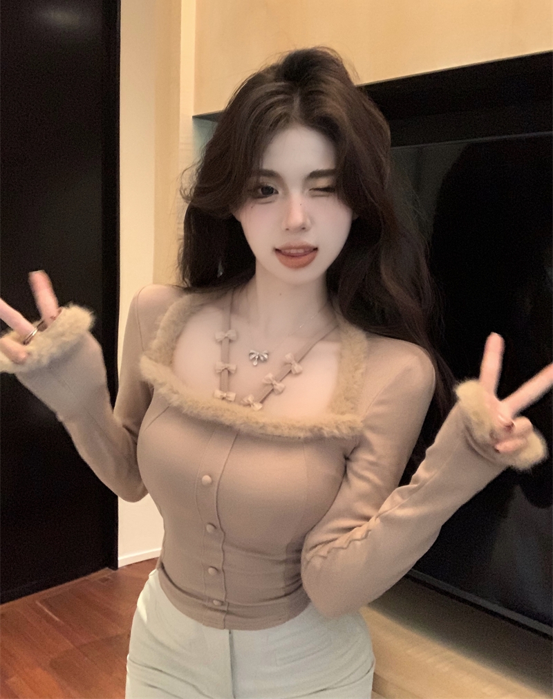 實拍 秋冬設計感純欲掛脖吊帶毛毛拼接性感打底衫上衣女
