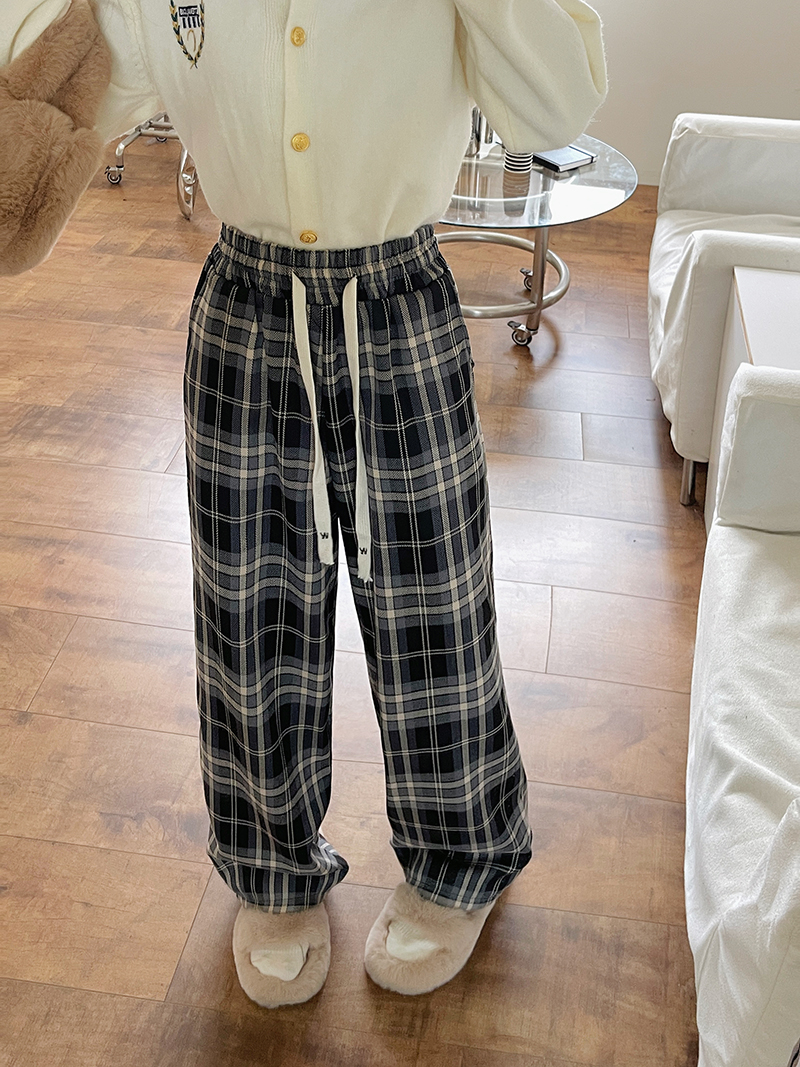 實拍 原版 抽繩格子休閒褲女復古垂感寬鬆高腰直筒闊腿褲