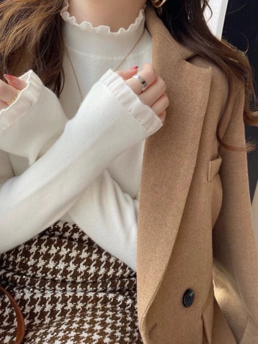 Official Image Half-High Collar Mushroom Edge Knitted Base Shirt for Women Autumn and Winter Little Black Dress Style Lace Splicing T-Shirt with Fleece Upshirt